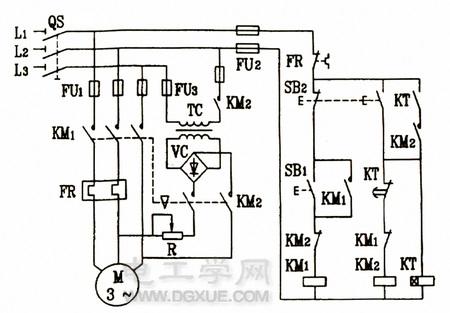 电动机有变压器全波整流单向启动能耗制动控制电路图