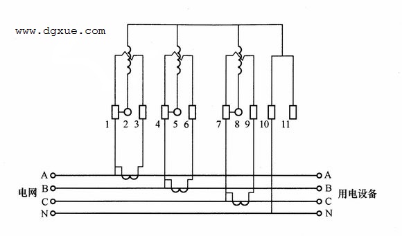 三相四线制有功电表经电流互感器接线图（二次绕组不接地）