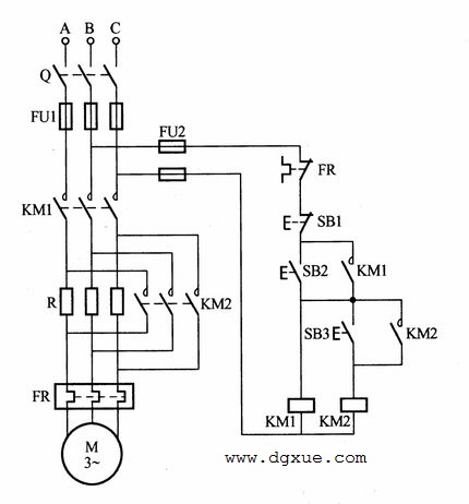 电动机定子绕组串联电阻按钮操作降压启动电路接线图