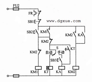 定子绕组串联电阻降压启动的手动、自动控制电路接线图