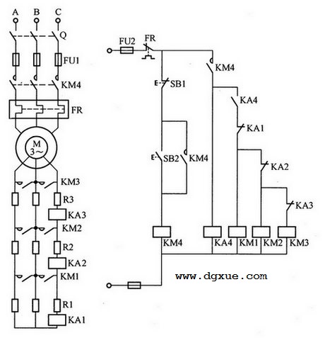 按电流原则控制转子串联电阻降压启动电路接线图解