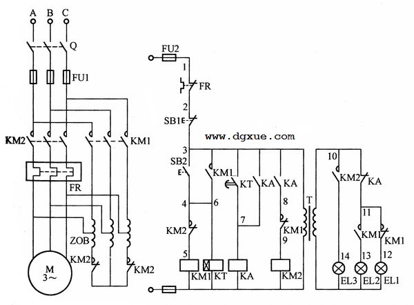使用自耦变压器与时间继电器的电动机降压起动控制电路接线图