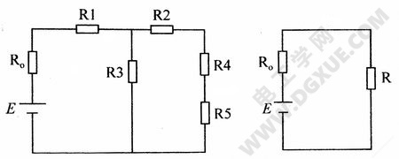 简单电路的简化：（左）原始电路、（右）简化电路