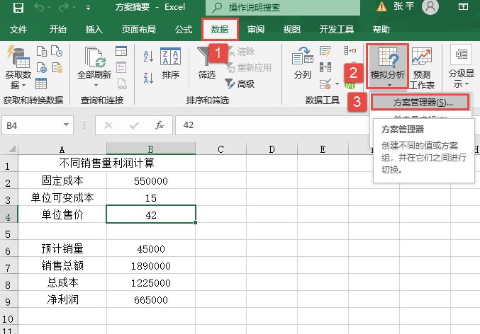 Excel 2019创建方案摘要