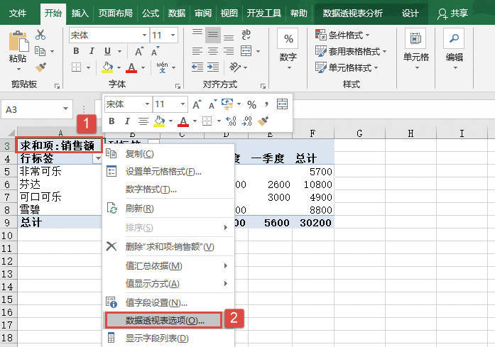 Excel 设置数据透视表选项