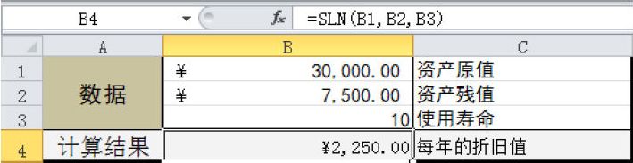 Excel 计算资产的线性折旧值：SLN函数