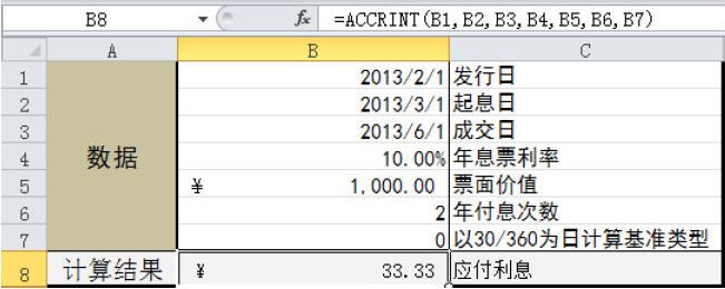Excel 计算定期付息有价证券的应计利息：ACCRINT函数
