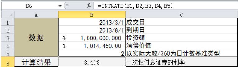 Excel 计算一次性付息证券的利率：INTRATE函数