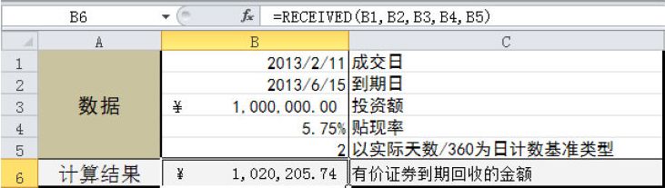 Excel 计算有价证券到期收回的金额：RECEIVED函数