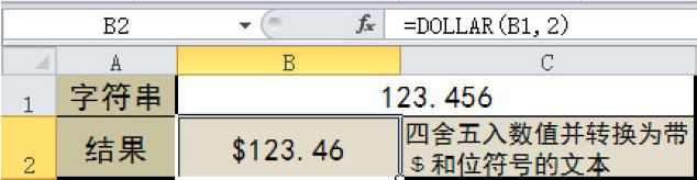 Excel 四舍五入数值并转换为带﹩和位符号的文本：DOLLAR函数