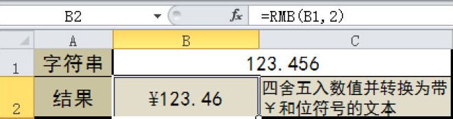 Excel 四舍五入数值并转换为带￥和位符号的文本：RMB函数