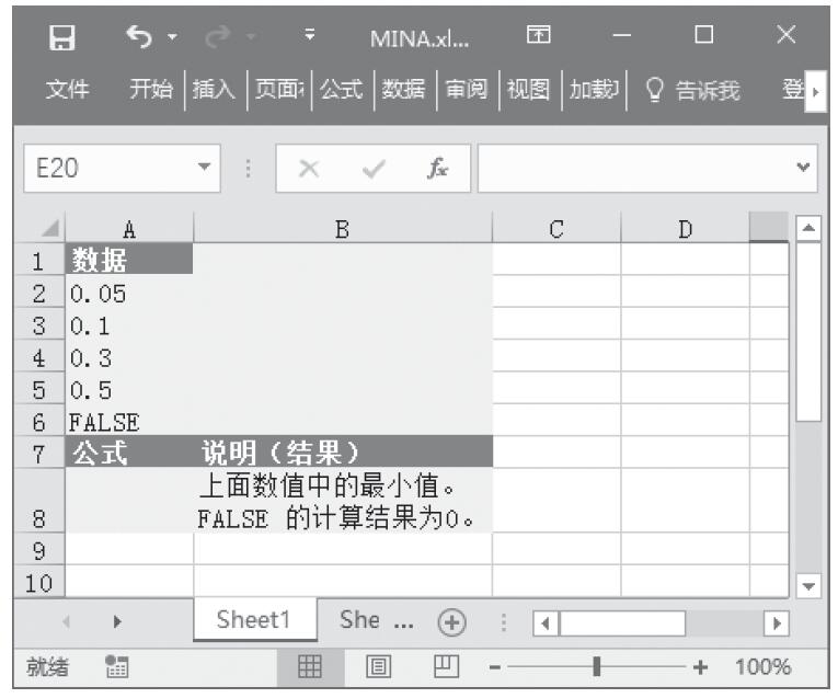 Excel 应用MINA函数计算参数列表中的最小值（包括数字、文本和逻辑值）