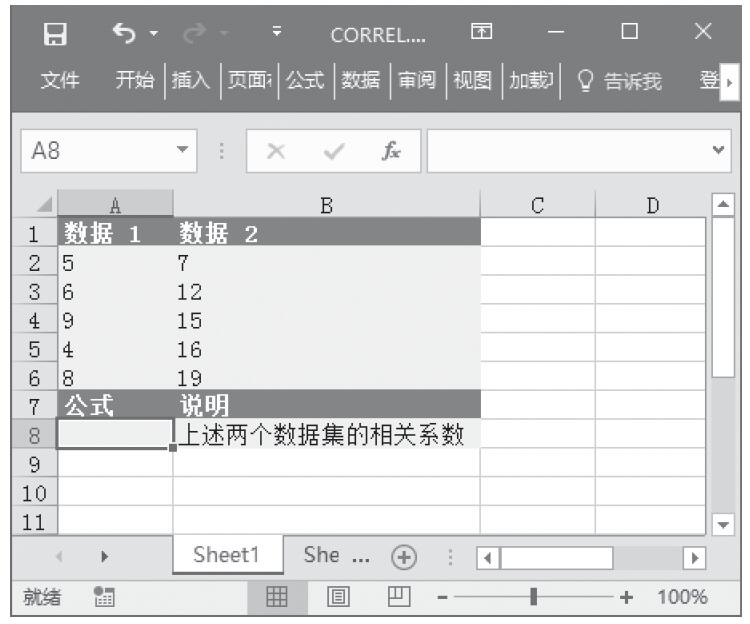 Excel 应用CORREL函数计算两个数据集之间的相关系数