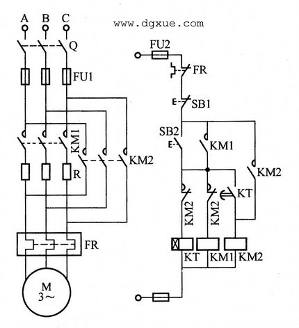 电动机定子绕组串联电阻自动切换降压启动电路接线图