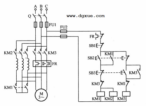 带自耦变压器电动机降压启动按钮操作控制电路接线图