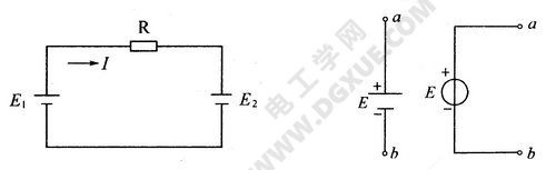 （左）电流的参考方向与（右）直流电动势的表示方法