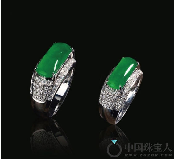 天然满绿翡翠配钻石对戒（成交价：345,000人民币
）