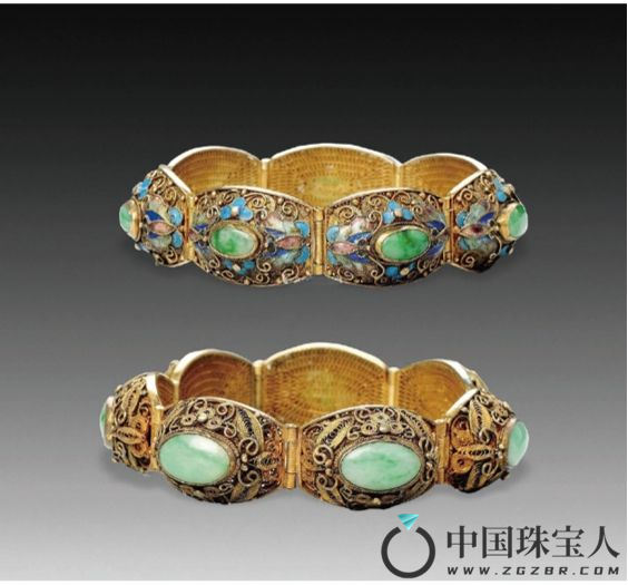 清•镶翡翠银镀金考蓝手链（两条）成交价：6,900人民币