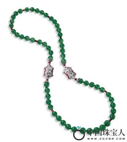 缅甸天然翡翠珠配红宝石及钻石项链（成交价：9,230,000港币
）