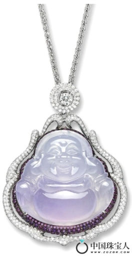 天然冰种紫翡翠“弥勒佛”配钻石及钻石吊坠项链（成交价：1,534,000港币
）