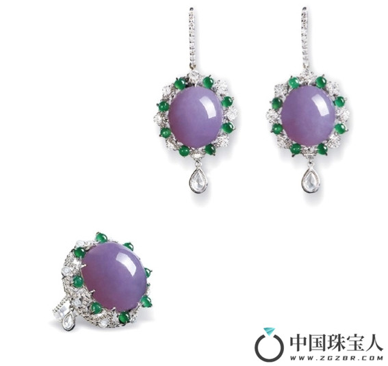 缅甸天然紫罗兰翡翠配钻石耳环及戒指套装（成交价：448,400港币
）