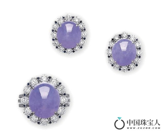 缅甸天然紫罗兰翡翠戒指及耳环套装（成交价：500,000人民币
）