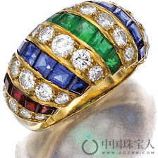 卡地亚钻石配红宝石、绿宝石及蓝宝石戒指（成交价：7,500美金）