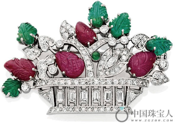 装饰艺术风格红宝石配绿宝石及钻石胸针