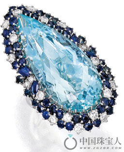 海蓝宝配蓝宝石及钻石白金戒指（成交价：10,625美金）