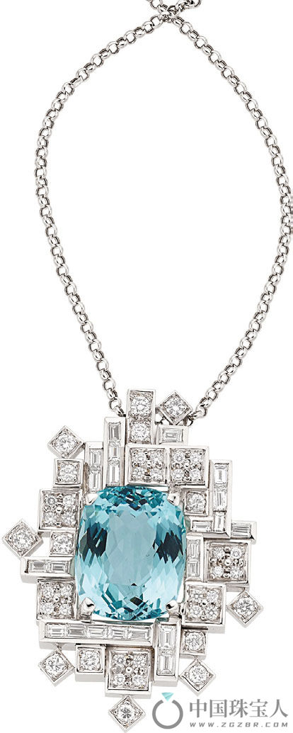 Birks 海蓝宝石配钻石白金吊坠项链（吊坠可作为胸针佩戴）（成交价：7,500美金）