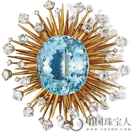 海蓝宝石配钻石18K金及铂金吊坠胸针（成交价：33,750美金）