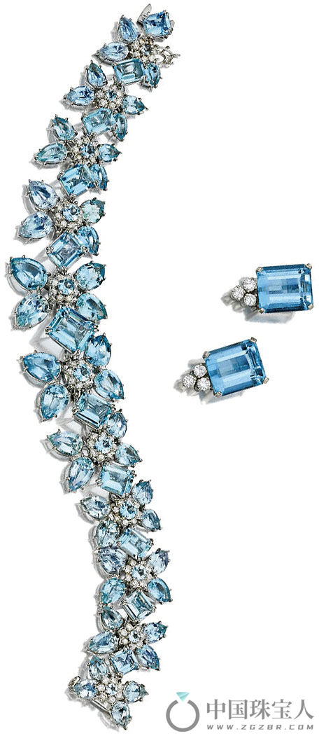 海蓝宝石配钻石手链及耳环套组（成交价：18,750美金）