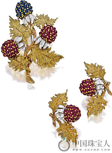 Gianmaria Buccellati 红宝石配蓝宝石胸针及同款“黑莓”耳环