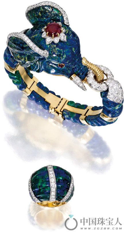大卫· 韦伯蓝孔雀石配钻石及红宝石18K金、铂金手链及戒指