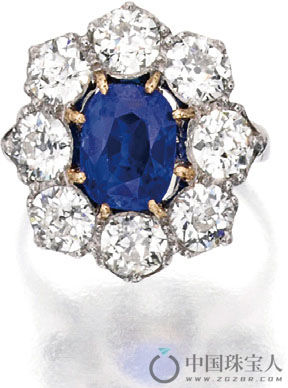 蓝宝石平配钻石铂金戒指