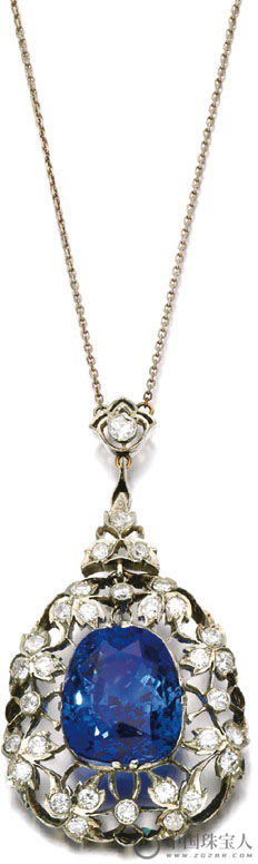 蓝宝石配钻石吊坠项链，约制于1900年