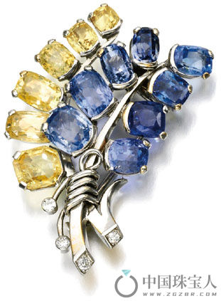 卡地亚黄色蓝宝石配蓝宝石及钻石胸针（成交价：7,500英镑）