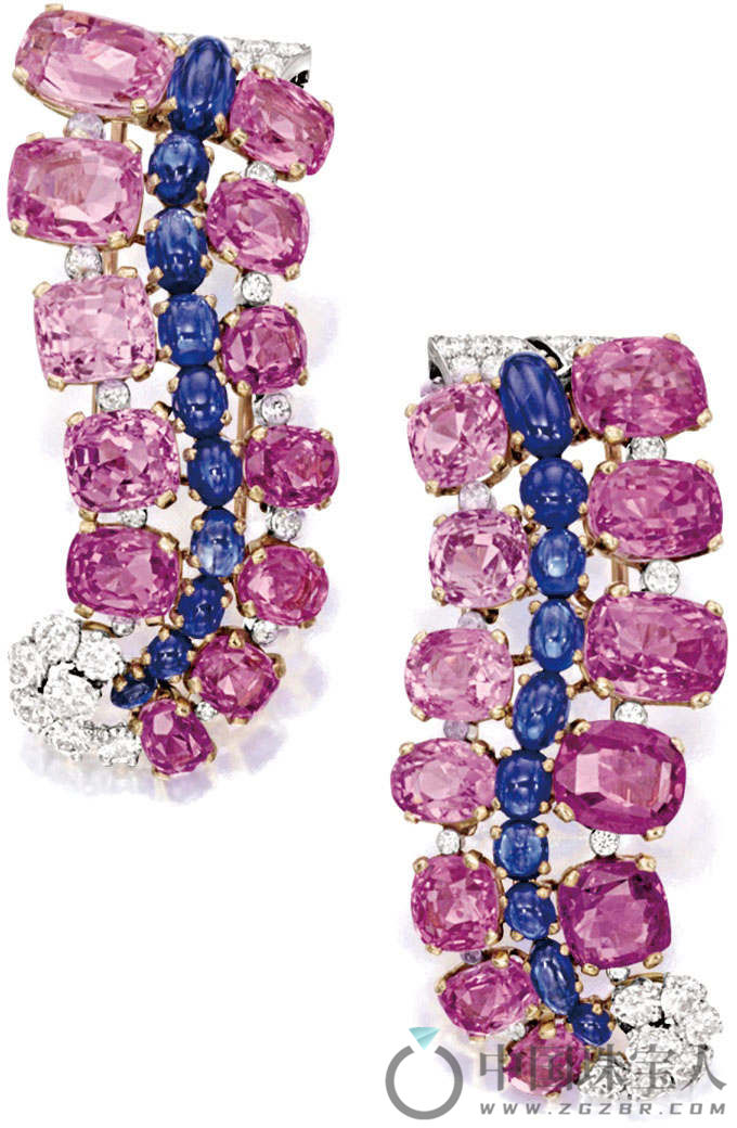 卡地亚粉色蓝宝石配蓝宝石及钻石胸针一对，约制于1950年