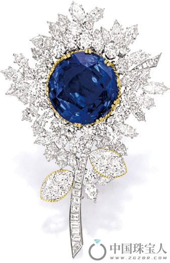 蓝宝石配钻石花朵胸针