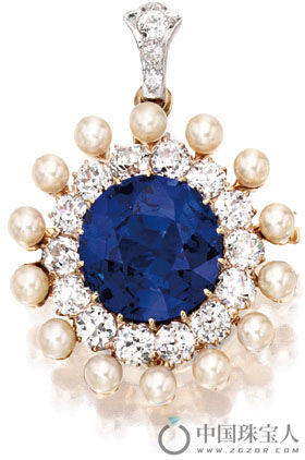 Bailey Banks & Biddle 蓝宝石配钻石、珍珠铂金及金胸针（可作吊坠佩戴）（成交价：143,000美金）
