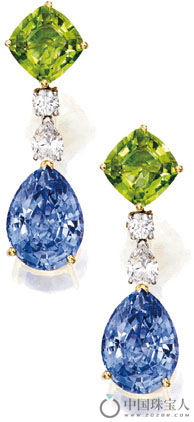 蓝宝石、橄榄石配钻石18K金、铂金耳环（成交价：16,250美金）