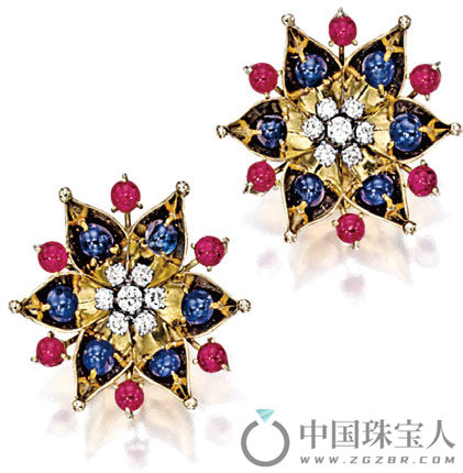 卡地亚蓝宝石配红宝石及钻石耳环，约制于1940年（成交价：75,000港币）