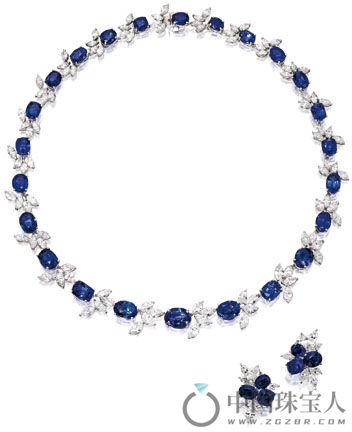 蓝宝石配钻石铂金项链及耳环套组（成交价：106,250美金）