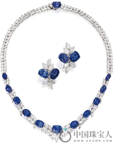 蓝宝石配钻石铂金项链、耳环套组（成交价：118,750美金）
