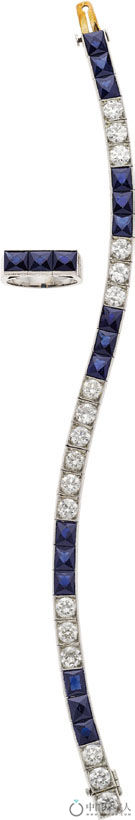 装饰艺术风格蓝宝石配钻石铂金首饰套组
