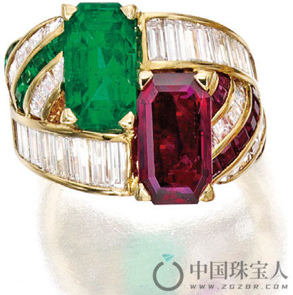 Stefan Hafner 绿宝石配红宝石及钻石18K金戒指（成交价：12,500美金）