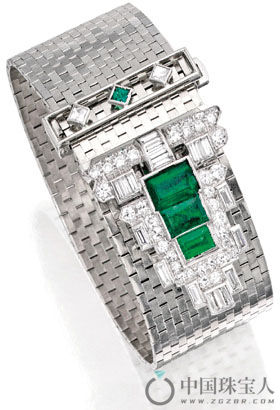Trabert & Hoeffer-Mauboussin 绿宝石配钻石14K白金手链（成交价：12,500美金）