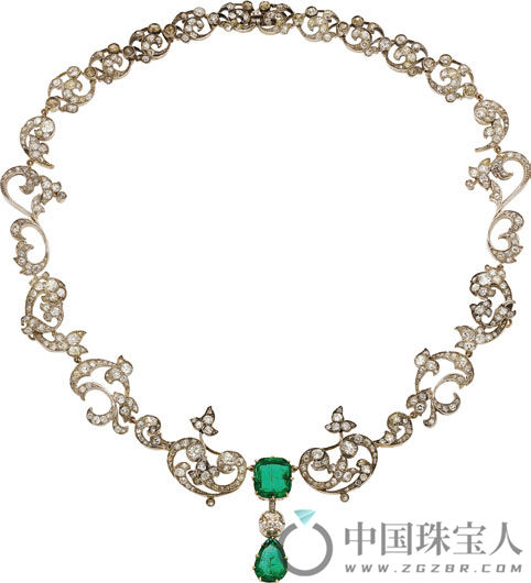 维多利亚时期绿宝石配钻石银镀金项链（成交价：15,625美金）