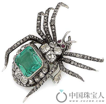 绿宝石配钻石蜘蛛胸针（可以作为吊坠佩戴），约制于1890年