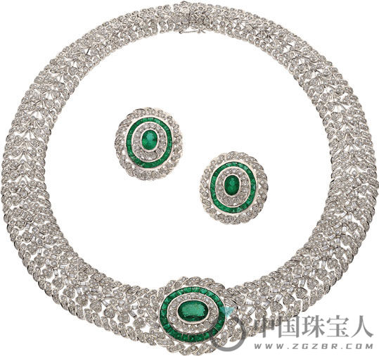 钻石配绿宝石白金首饰套组（成交价：10,625美金）